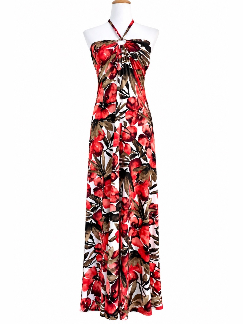 Y2K Body Central Floral Halter Maxi Dress Large Red Brown Tropical Ring Front